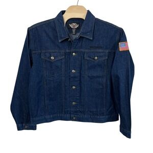 Harley Davidson Denim Trucker Jacket Mens XL Blue American Flag Patch
